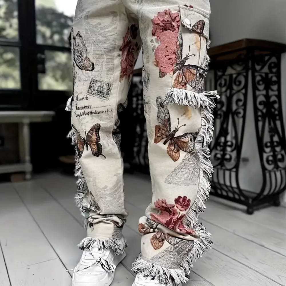 Men Butterfly Pattern Raw Hem Vintage Jeans